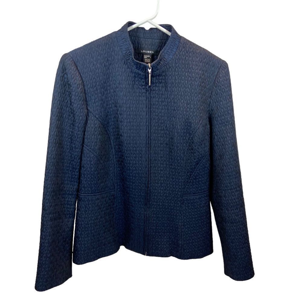Louben Ladies‎ Jacquard Navy Blue Fill Zip Mock Collar Jacket Size 4